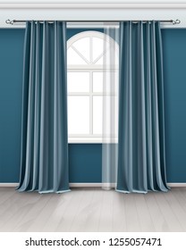 Vector realistic illustration of arch window with long pair teal blue curtains hanging on rod in room with wooden floor, element of interior