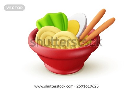 Vector realistic illustration of asian meal with noodles and egg in bowl on white color background. 3d style cartoon design of traditional asian dish. Tasty noodles soup and chopsticks. Fast food icon