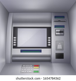 Vector Realistic Illustration of a ATM Machine with blank Interface, Keypad, Slot for Credit Card and Currency.