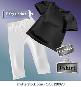 Vector realistic illustration of baby clothes. Drawing of a black t-shirt and white pants. Isolated objects.