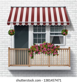 Vector realistic illustration of balcony with door and windows decorated with greenery and flowers. Сomposition with wooden railings and textile canopy isolated on white brick wall