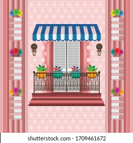 Vector realistic illustration of balcony with window decorated with flowers, lighting lamps, blue awning and brick elevation