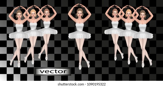 Vector realistic illustration of a Ballerina isolated on transparent dancing ballet background in a group. Classical ballet tutu white dress for the part.