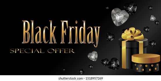 Vector realistic illustration of beautiful boxes with lettering inscription with sale on a black background. Black Friday.