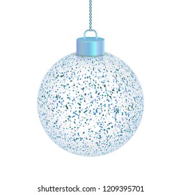 Vector realistic illustration. Beautiful hanging Christmas toy isolated on white background. Amazing sparkled, transparent, glass and crystal ball in blue, silver and white colors.