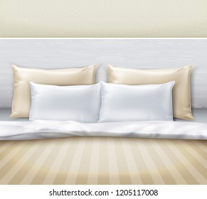 Vetor ilustração realista de cama em quarto em estilo moderno, vista frontal. Conjunto de travesseiros retangulares brancos e beges claros
