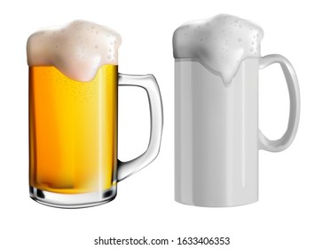 Vector realistic illustration of beer mugs. Glass and ceramic mugs with beer.