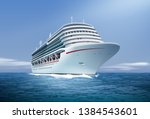 Vector realistic illustration of big white cruise ship at ocean or sea isolated on blue sky background, perspective view