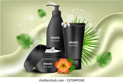 Vector realistic illustration with black blank of a bottle for cream and gel. Tropical Hawaiian flowers frangipani. Banner for advertising and promotion of cosmetic products. Use for posters, cards