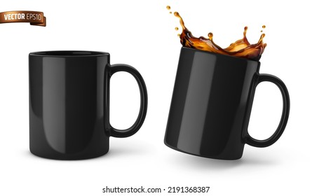 Vector realistic illustration of black ceramic coffee mugs on a white background.