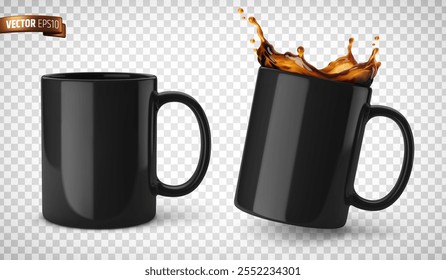 Vector realistic illustration of black ceramic coffee mugs on a transparent background.