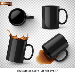 Vector realistic illustration of black ceramic coffee mugs on a transparent background.