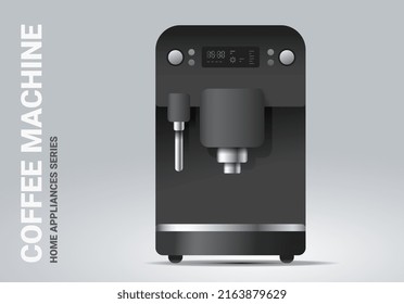 Vector realistic illustration of black color coffee machine on light background. 3d style shine coffee machine appliances design for web, site, banner, print, poster