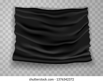 Vector realistic illustration with black flag. Object on transparent background. Flag with shadow.