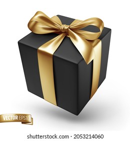 Vector realistic illustration of a black gift box with a gold ribbon on a white background.