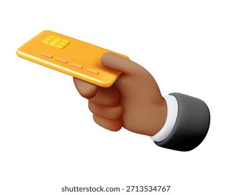 Vektor realistische Illustration der schwarzen Mann Hand halten Bankkarte. Elektronisches Geld. 3D-Cartoon-Stil Design von Kunststoff Debit oder Kreditkarte in der Hand. Online-Symbol bezahlen, ATM Payment Banking-Technologie