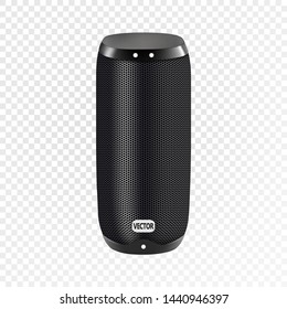 Vector realistic illustration of black portable speaker isolated on transparent background. Wireless audio device, smart electronic gadget for connection with smartphone to listen music