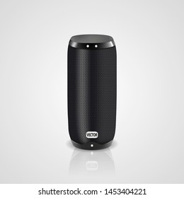 Vector realistic illustration of black portable speaker isolated on light gradient background. Wireless audio device, smart electronic gadget for connection with smartphone to listen music