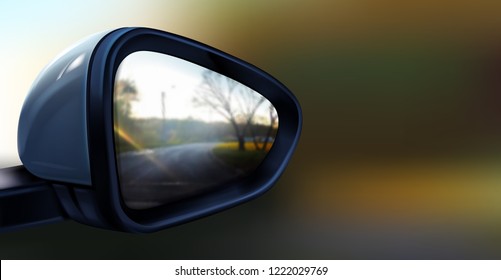 Vector Realistic Illustration Of Black Rear View Mirror With Reflection In It, Isolated On Blurred Background. Accessory For Vehicles To Look Back On Road For Good Visibility And Drive Car Safely