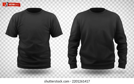 Vector realistic illustration of black sweat-shirt and t-shirt on a transparent background.