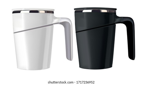 
Vector realistic illustration of a black and white thermomug. An isolated image of cups.