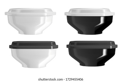 Vector realistic illustration of black and white deep plates with lids. Isolated image of utensils for hot food.