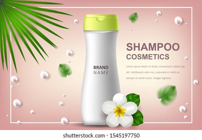 Vector realistic illustration with blank of a bottle for shampoo. Tropical Hawaiian flowers frangipani. Banner for advertising and promotion of cosmetic products. Use for posters, cards