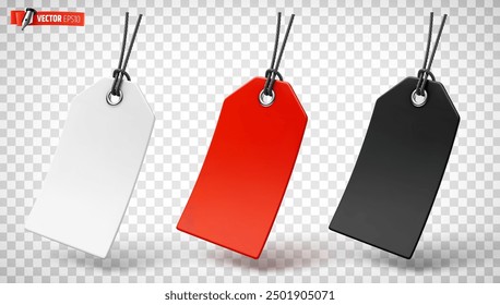 Vector realistic illustration of blank cardboard labels or tags on a transparent background.