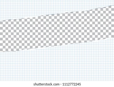 Vector realistic illustration of a blank notebook with cage (grid) with torn edge on blue background. Place for text. Procurement, template for creating the design of calendars, postcards, cards