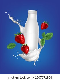 Vector realistic illustration of blank plastic bottle, white container for yogurt with strawberries in milk swirl isolated on blue background. Design of dairy products with berry flavor