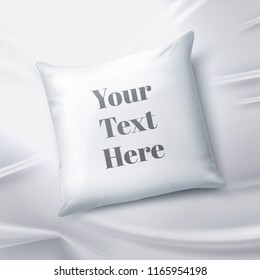 Vector realistic illustration of blank white pillow isolated on sheet. Soft square cushion. Mockup for sleep bedding with space for text isolated background