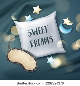 Vector realistic illustration of blank white pillow, sleep sleeping mask, toys, isolated on dark sheet, top view. Soft square cushion for comfortable sleep and sweet dreaming with bokeh effect