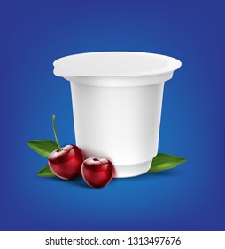 Vector realistic illustration of blank white packaging container for yogurt, ice cream or dessert with fress with cherry berries isolated on background