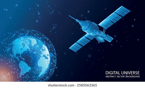 Vector realistic illustration. Blue abstract technology background with planet Earth and space satellite in polygonal style. Internet satellites transmit signals. Map of the planet. Future. 