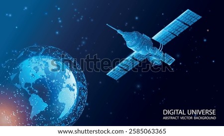 Vector realistic illustration. Blue abstract technology background with planet Earth and space satellite in polygonal style. Internet satellites transmit signals. Map of the planet. Future. 
