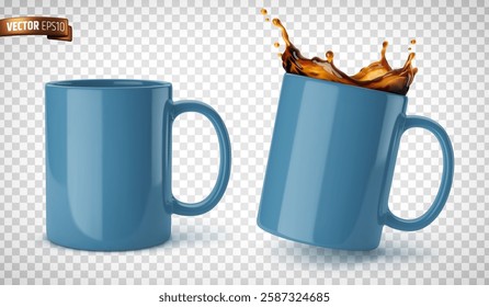 Vector realistic illustration of blue ceramic mugs on a transparent background.