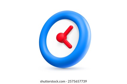 Vector realistic illustration of blue round alarm clock icon with arrow isolated on white background. Success time management of hour. 3d cartoon style design of business wall watch with timer