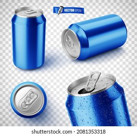 Ilustración vectorial realista de latas azules de soda en un fondo transparente.