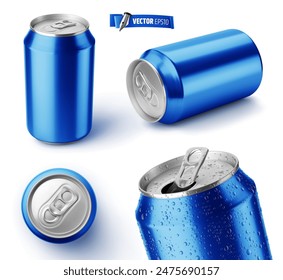 Ilustración realista de Vector de latas de refresco azul sobre un fondo blanco.