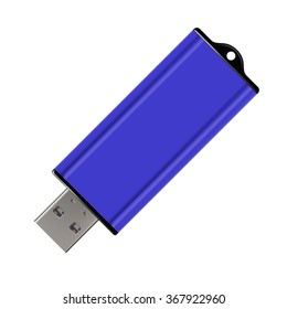 Vector realistic illustration of a blue USB flash drive isolated on white background. Photorealistic vector.  Purple