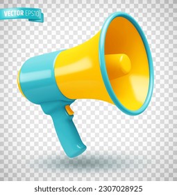 Vector realistic illustration of a blue and yellow megaphone on a transparent background. 