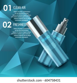 Vector realistic illustration. Body care, skin protect, natural product with vitamins and minerals. Polygonal background, spray bottles