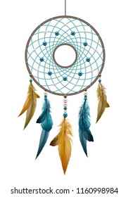 Vector realistic illustration of boho native american handmade dreamcatcher, template ethnic round talisman with feathers threads and beads rope hanging isolated on white background