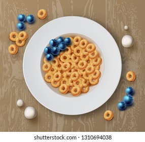 Vector realistic illustration of bowl of corn rings with fresh blueberries isolated on wooden board or table for healthy breakfast, top view. Concept of breakfast cereal