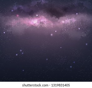 Vector realistic illustration of bright colorful nebulae and galaxies in space. Abstract cosmic background with stars and purple glow