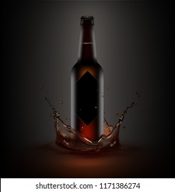 Vector realistic illustration of brown bottle of beer with black label in splashing liquid, front view isolated on gray gradient background