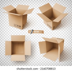 Ilustración vectorial realista de cajas de cartón marrón sobre un fondo transparente.