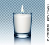 Vector realistic illustration of burning flame fire light aroma white candle in glass candlestick, front view on transparent background