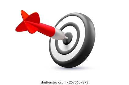 Vector realistic illustration of business goal accurate target with arrow isolated on white background. 3d cartoon style design of dart target icon with red arrow. Success finance marketing strategy