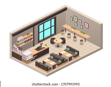 Vector realistic illustration of cafe or cafeteria. Isometric view of interior, tables, sofa, seats, counter, cash register, cakes desserts in showcase, bottled drinks on shelve, coffee machine, decor